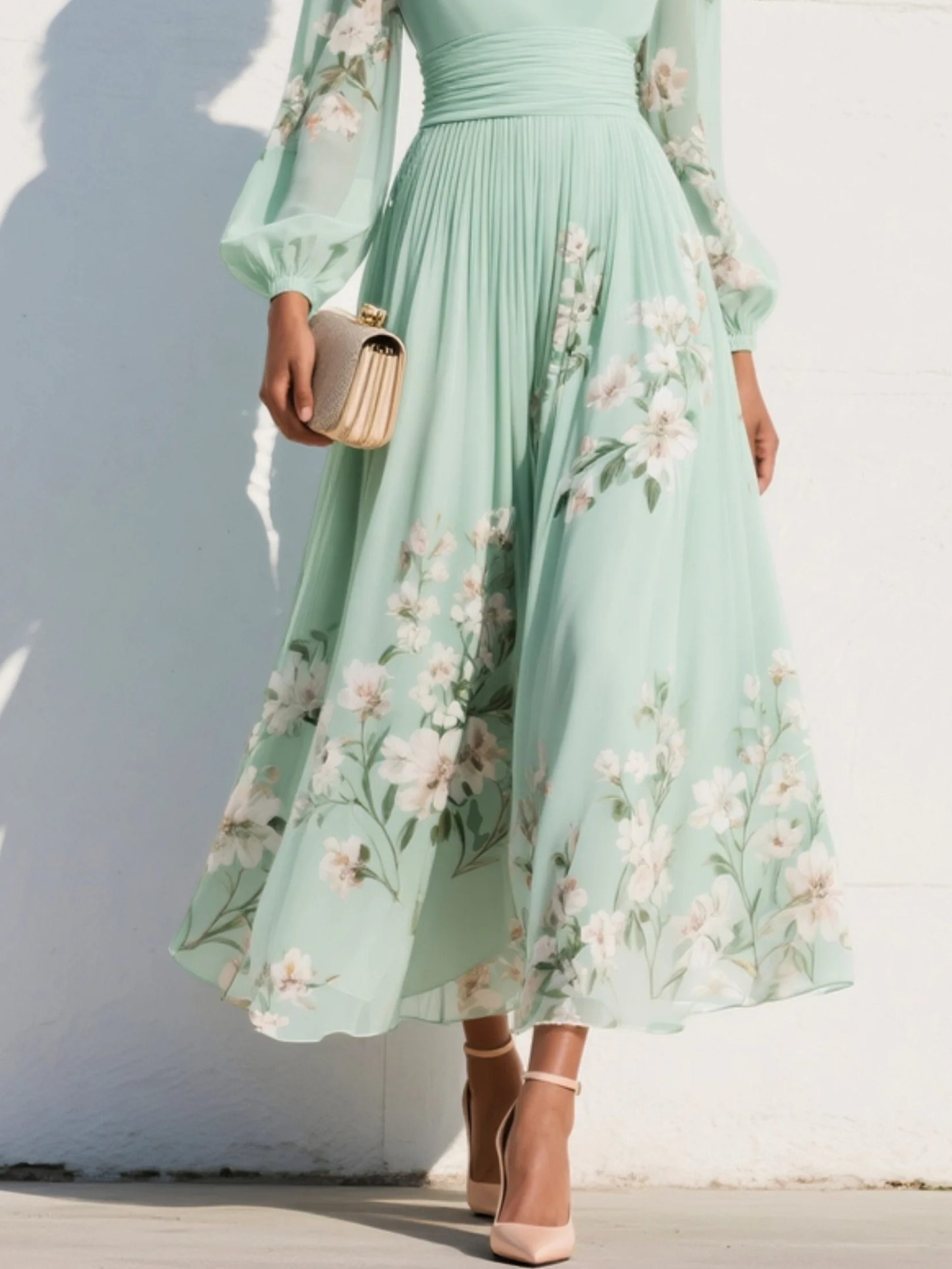 ALVA™ | V-Neck Chiffon Pleated Floral Dress
