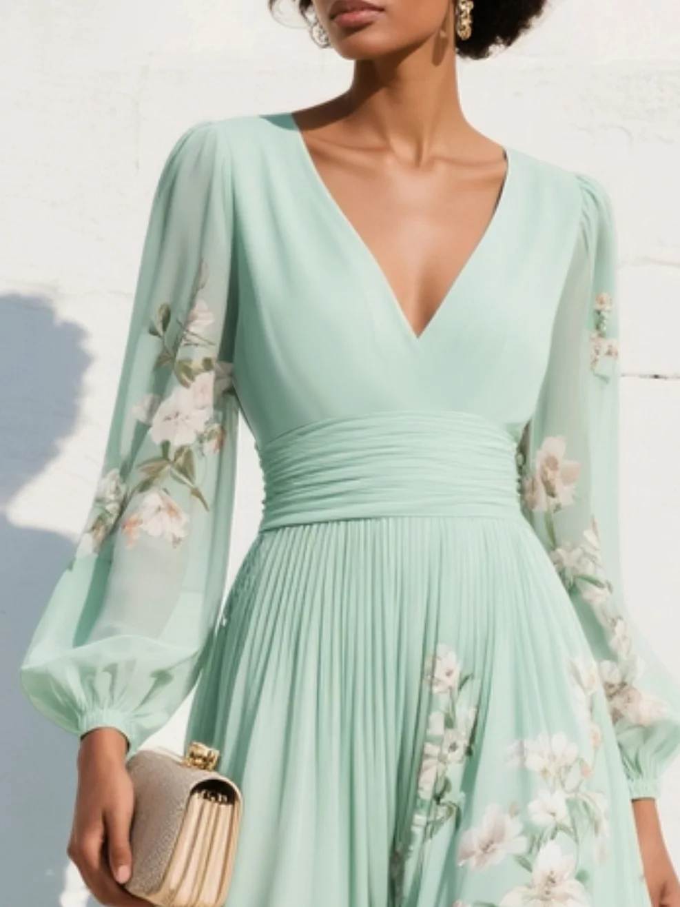 ALVA™ | V-Neck Chiffon Pleated Floral Dress