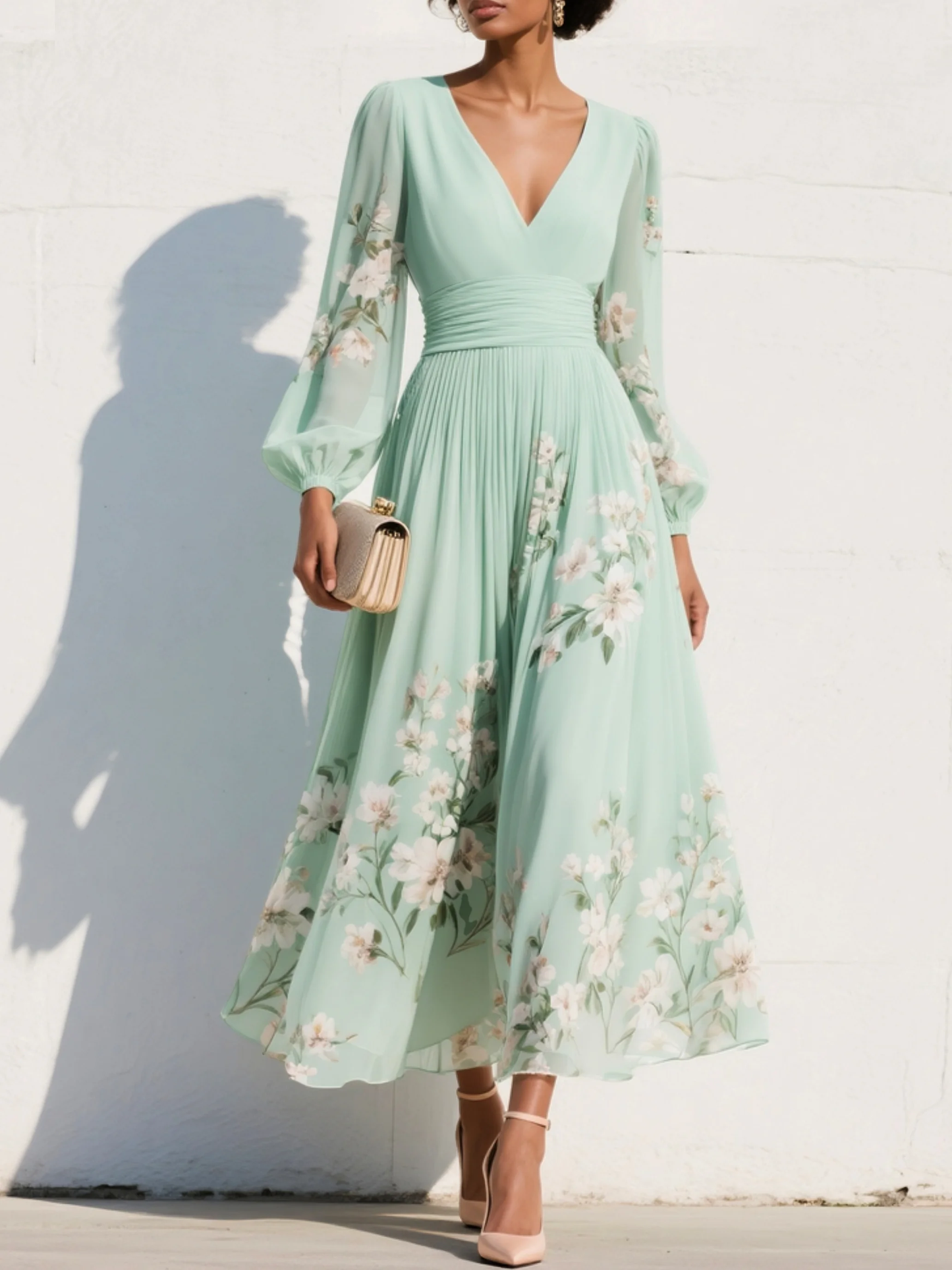 ALVA™ | V-Neck Chiffon Pleated Floral Dress