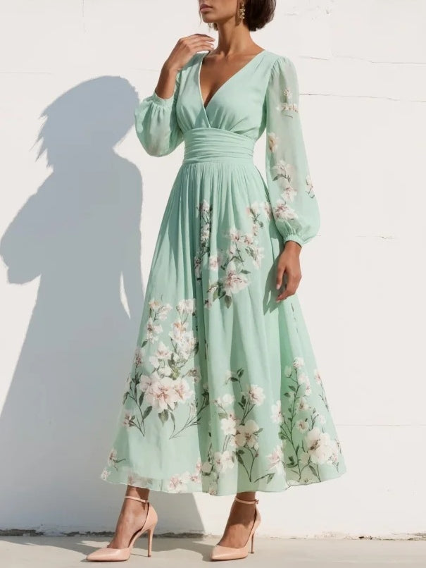 ALVA™ | V-Neck Chiffon Pleated Floral Dress