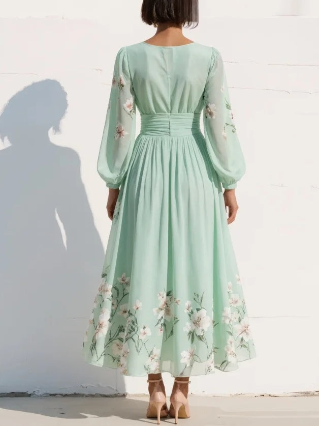 ALVA™ | V-Neck Chiffon Pleated Floral Dress